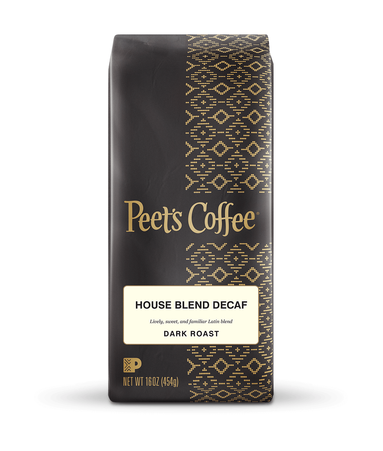 Peet's Coffee Decaf House Blend Coffee beans in a brown 16 ounce bag
